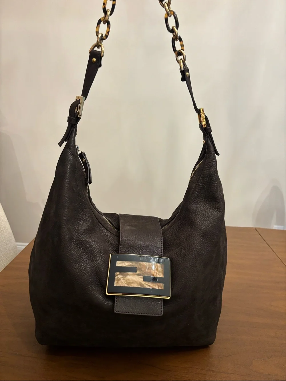 Authentic Fendi Large Dark Brown Leather suede Shoulder Bag Decorative Buckle - Picture 3 of 12